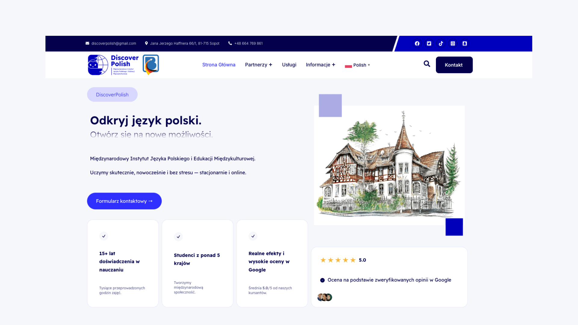Hero Discover Polish z CTA i dowodami zaufania