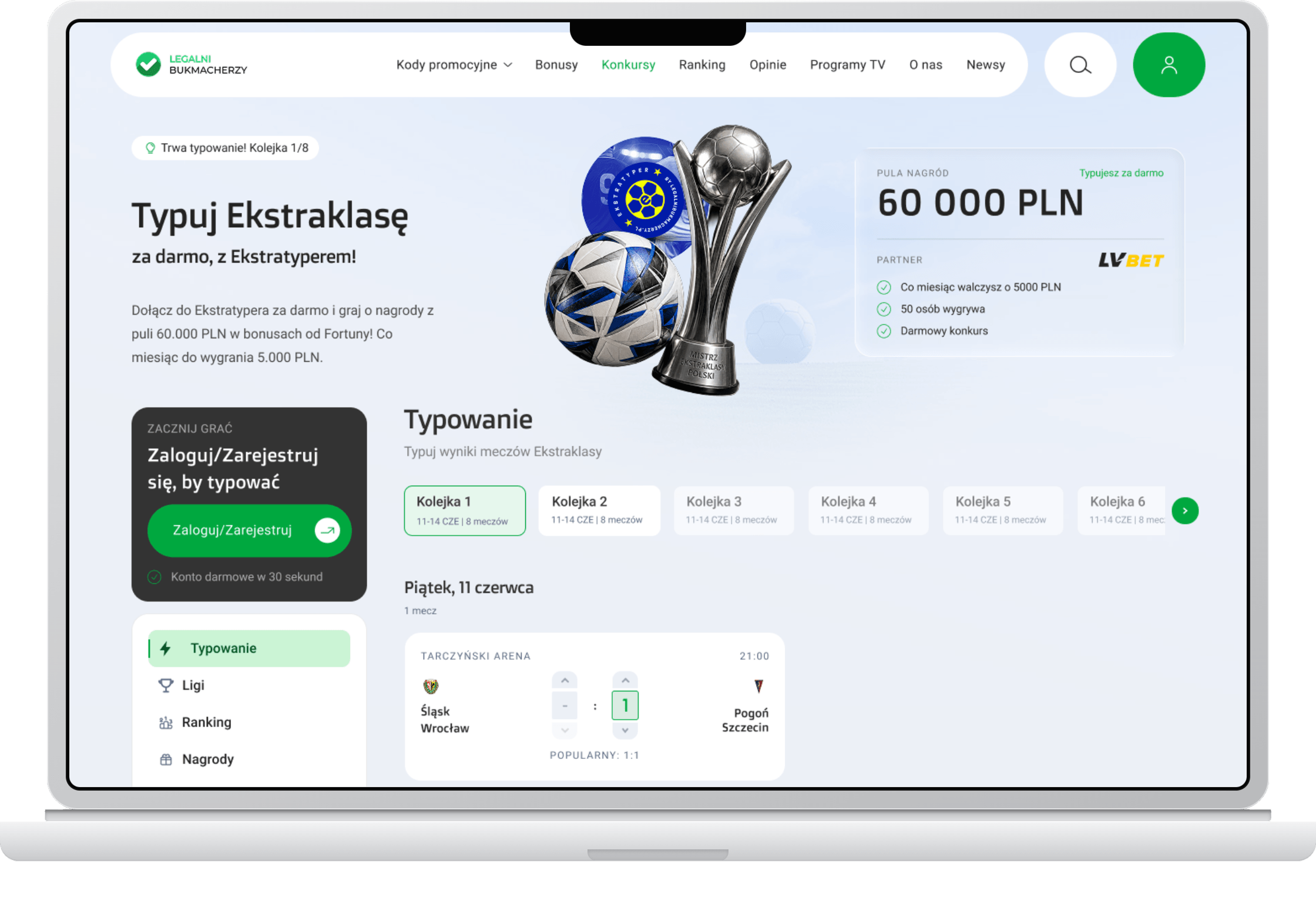 Projekt typera Ekstraklasy z informacją popularny wynik w mockupie MacBooka